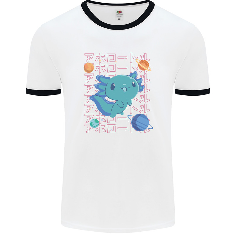 Kawaii Axolotl in Space Mens Ringer T-Shirt White/Black