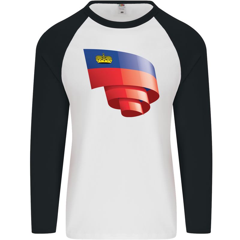 Curled Liechtenstein Flag Liechtensteiner Day Football Mens L/S Baseball T-Shirt White/Black