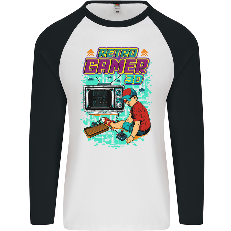 Retro Gamer Arcade Games Gaming Mens L/S Baseball T-Shirt White/Black