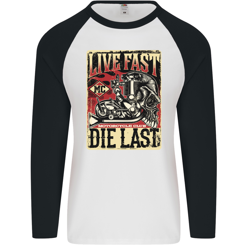 Live Fast Motorcycle Motorbike Biker Chopper Mens L/S Baseball T-Shirt White/Black