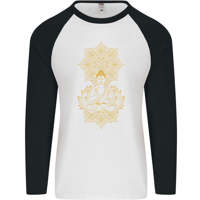 Mandala Buddha Art Mens L/S Baseball T-Shirt White/Black