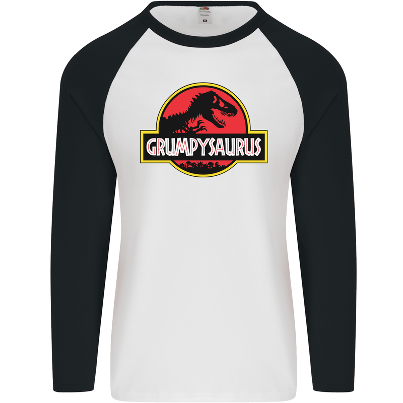 Grumpysaurus Funny Grumpy Old Git Man Mens L/S Baseball T-Shirt White/Black