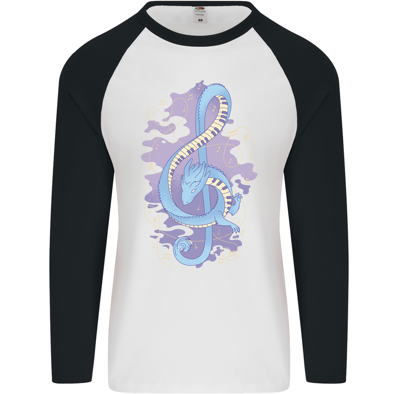 Musical Keyboard Dragon Mens L/S Baseball T-Shirt White/Black