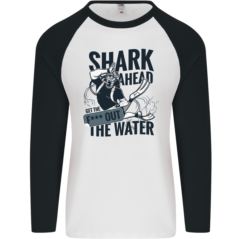 Shark Ahead Funny Scuba Diving Diver Mens L/S Baseball T-Shirt White/Black