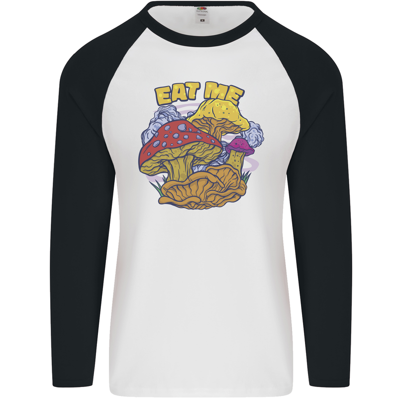 Eat Me Mushroom Fungi Mycology Mens L/S Baseball T-Shirt White/Black