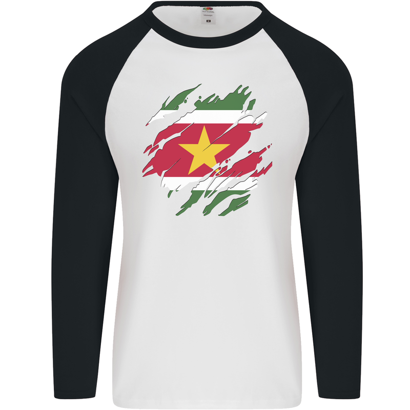 Torn Suriname Flag Suriname Day Football Mens L/S Baseball T-Shirt White/Black