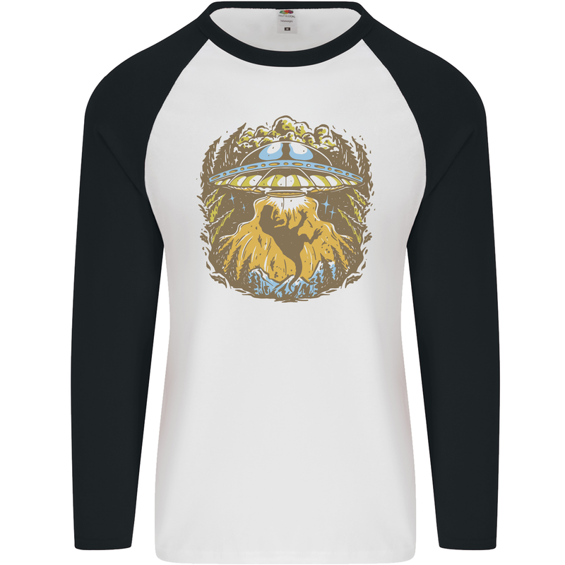 Dinosaur Abduction Aliens UFO T-Rex Mens L/S Baseball T-Shirt White/Black