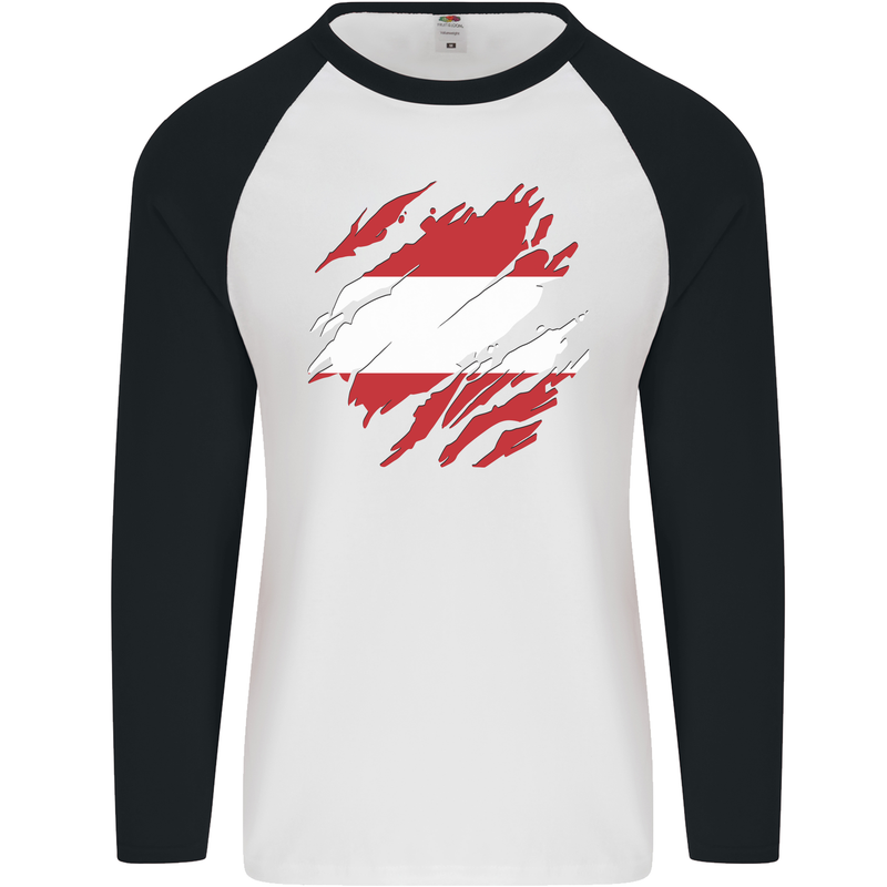 Torn Austria Flag Austrian Day Football Mens L/S Baseball T-Shirt White/Black