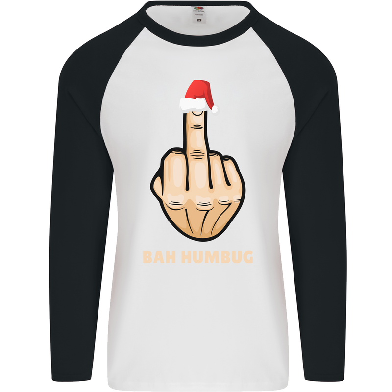 Bah Humbug Finger Flip Funny Christmas Rude Mens L/S Baseball T-Shirt White/Black