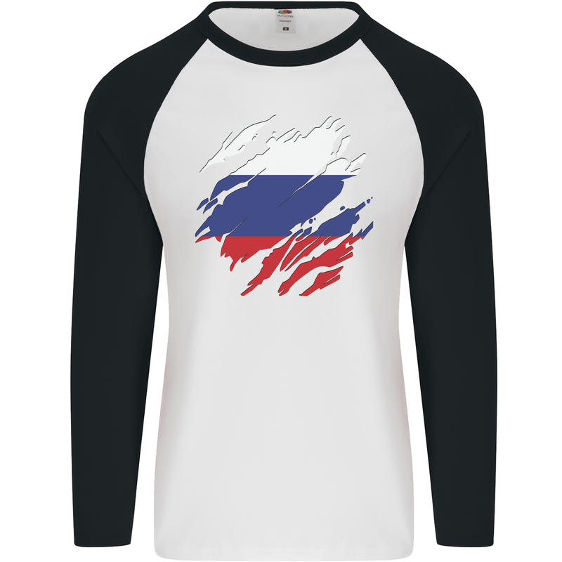 Torn Russia Flag Russian Day Football Mens L/S Baseball T-Shirt White/Black