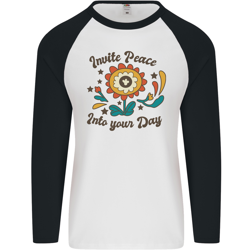 Invite Peace Into Your Day Hippy Love 60's Mens L/S Baseball T-Shirt White/Black