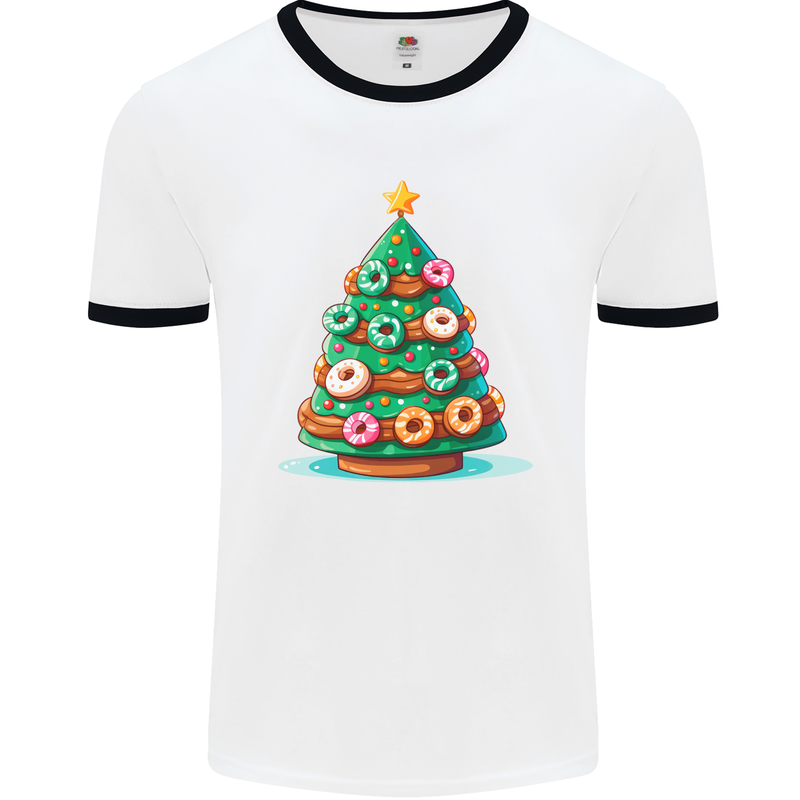 Donut Christmas Tree Funny Xmas Food Mens Ringer T-Shirt White/Black
