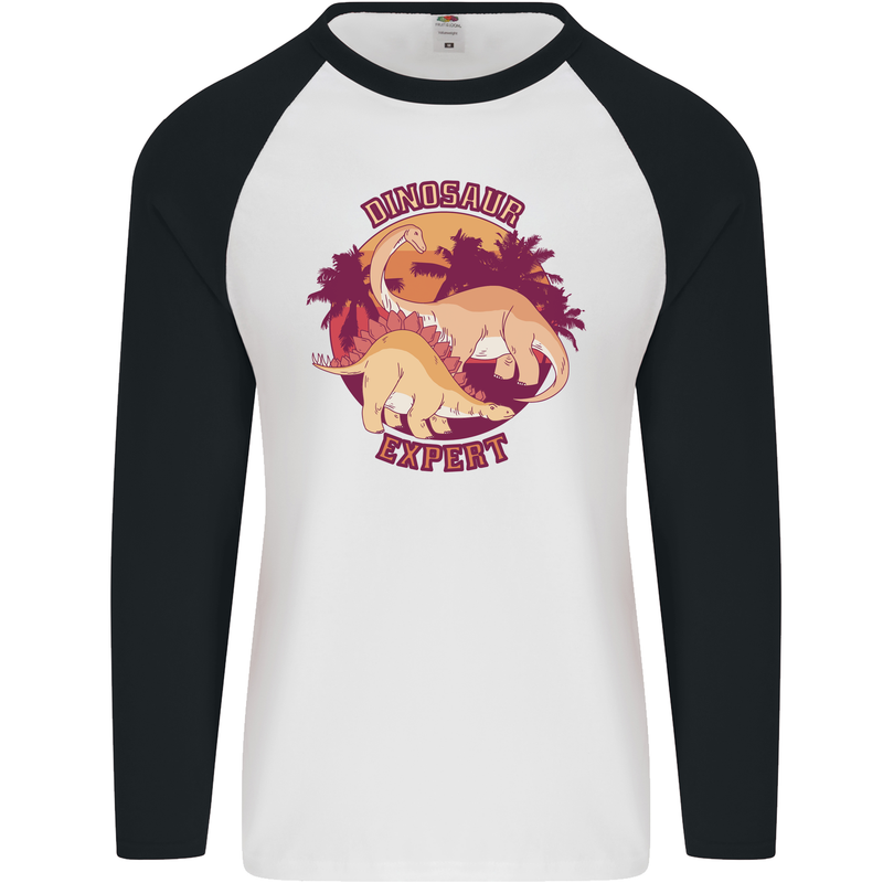 Dinosaur Expert Mens L/S Baseball T-Shirt White/Black