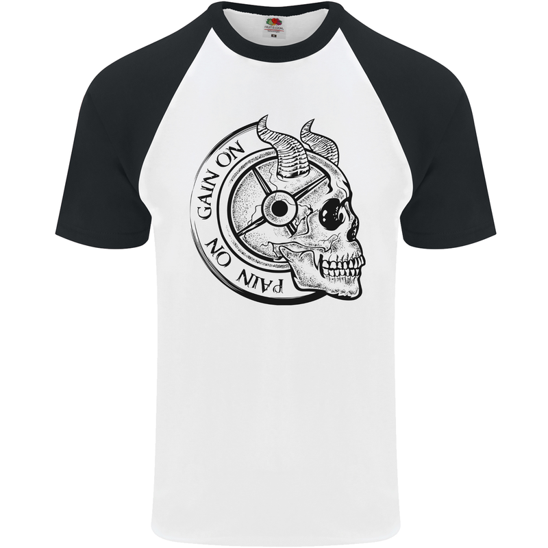 No Pain No Gain Devil Skull Gym Training Mens S/S Baseball T-Shirt White/Black