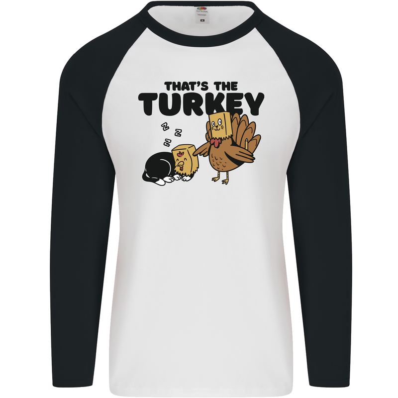 Thanksgiving Christmas Turkey Cat Mens L/S Baseball T-Shirt White/Black