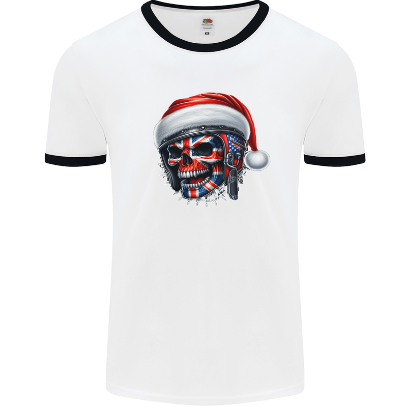 Union Jack Christmas Biker Skull British Flag Mens Ringer T-Shirt White/Black