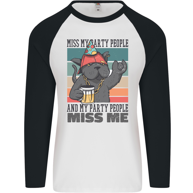 Funny Cat Miss My Party People Alcohol Beer Mens L/S Baseball T-Shirt White/Black