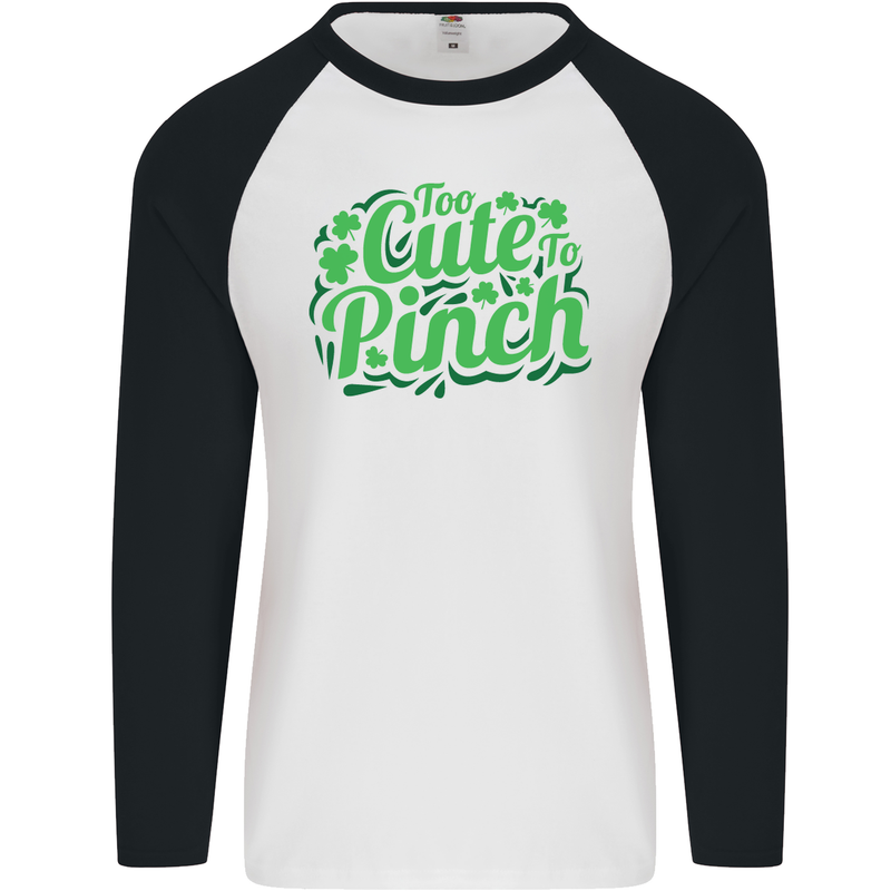 Too Cute to Pinch St. Patrick's Day Mens L/S Baseball T-Shirt White/Black