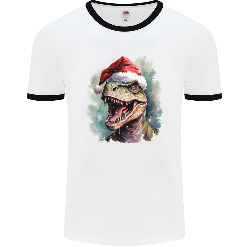 Christmas T-Rex Dinosaur Xmas Hat Mens Ringer T-Shirt White/Black