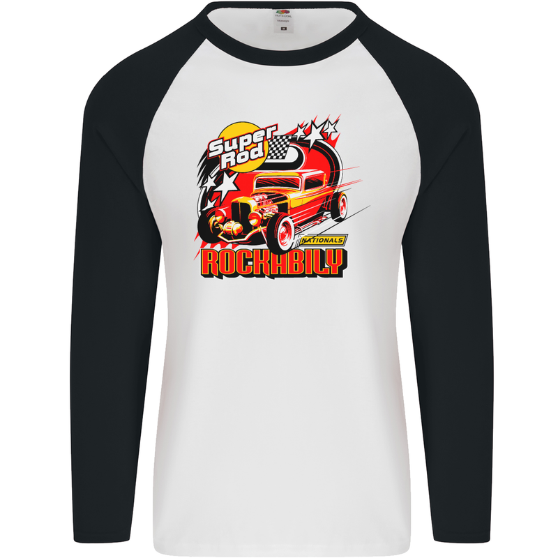 Rockabily Hot Rod Hotrod Dragster Mens L/S Baseball T-Shirt White/Black