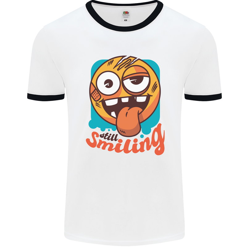 Still Smiling Funny Emoji Exhausted Tired Mens Ringer T-Shirt White/Black