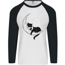 A Cat Reading a Book on the Moon Mens L/S Baseball T-Shirt White/Black