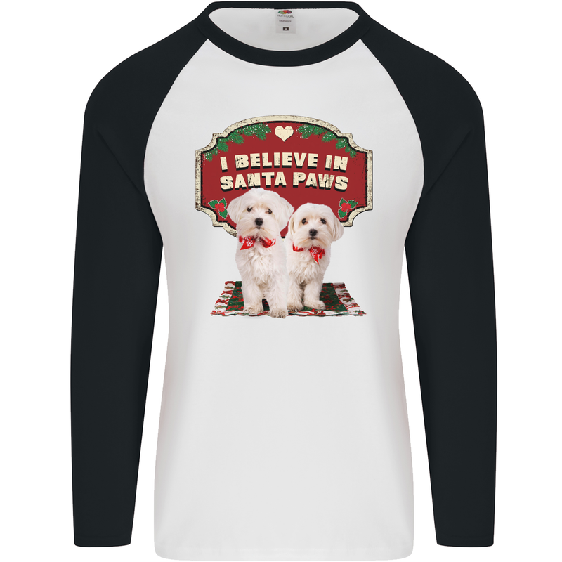 Christmas Maltese Funny Santa Paws Xmas Mens L/S Baseball T-Shirt White/Black