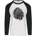 Indian Skull Headdress Biker Motorbike Mens L/S Baseball T-Shirt White/Black