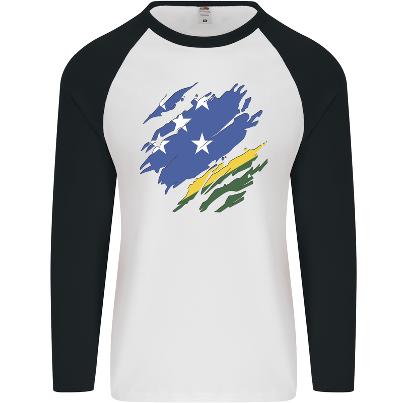 Torn Solomon Islands Flag Day Football Mens L/S Baseball T-Shirt White/Black