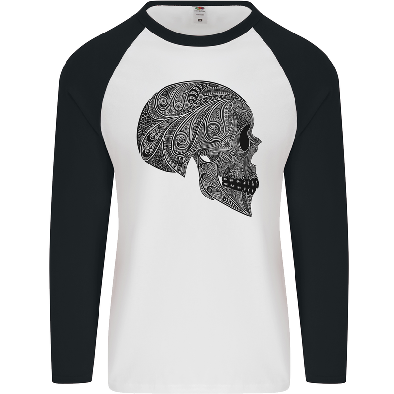 Mandala Skull Gothic Biker Motorbike Mens L/S Baseball T-Shirt White/Black