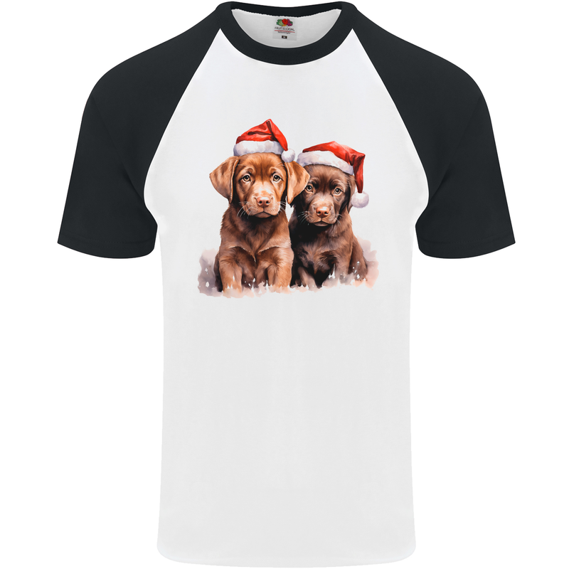 Chocolate Labrador Christmas Puppies Xmas Mens S/S Baseball T-Shirt White/Black