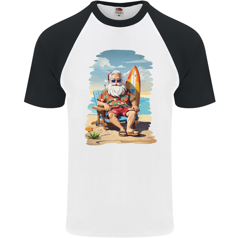 Christmas Santa With Surfboard Xmas Surfing Mens S/S Baseball T-Shirt White/Black