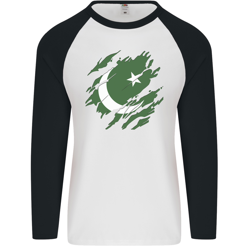 Torn Pakistan Flag Pakistani Day Football Mens L/S Baseball T-Shirt White/Black