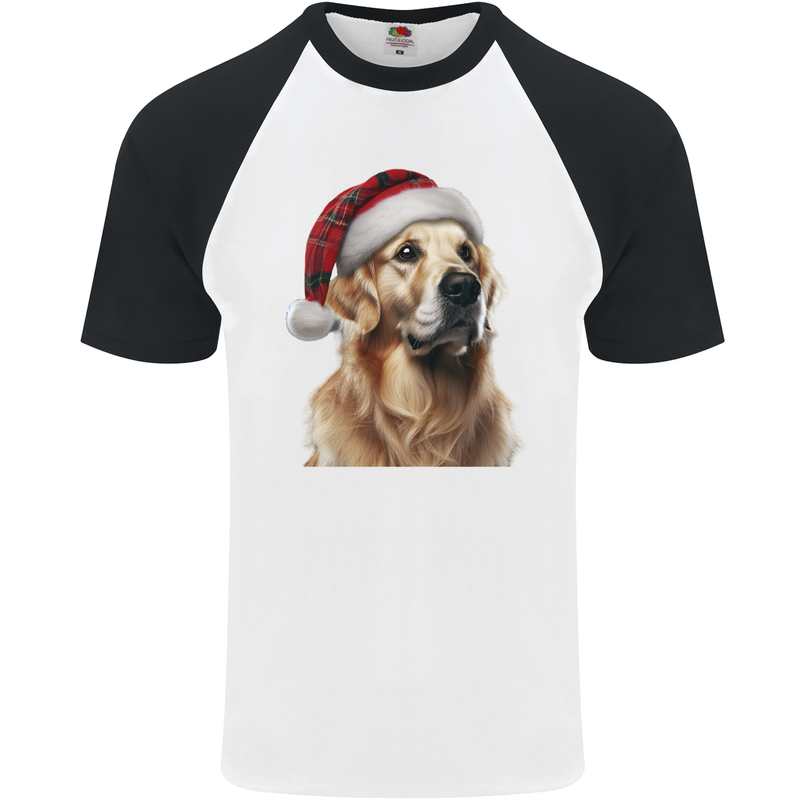 Christmas Golden Retriever Tartan Xmas Hat Dog Mens S/S Baseball T-Shirt White/Black