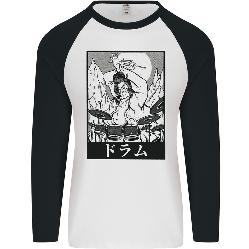 Sumo Wrestler Drummer Drumming Drum Mens L/S Baseball T-Shirt White/Black