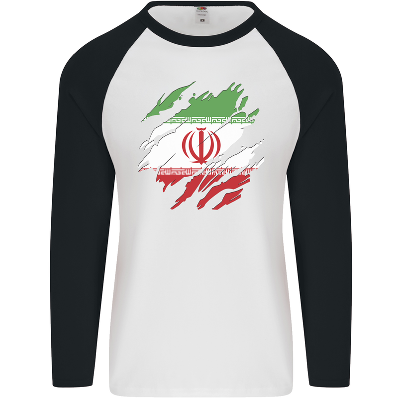 Torn Iran Flag Iranian Day Football Mens L/S Baseball T-Shirt White/Black