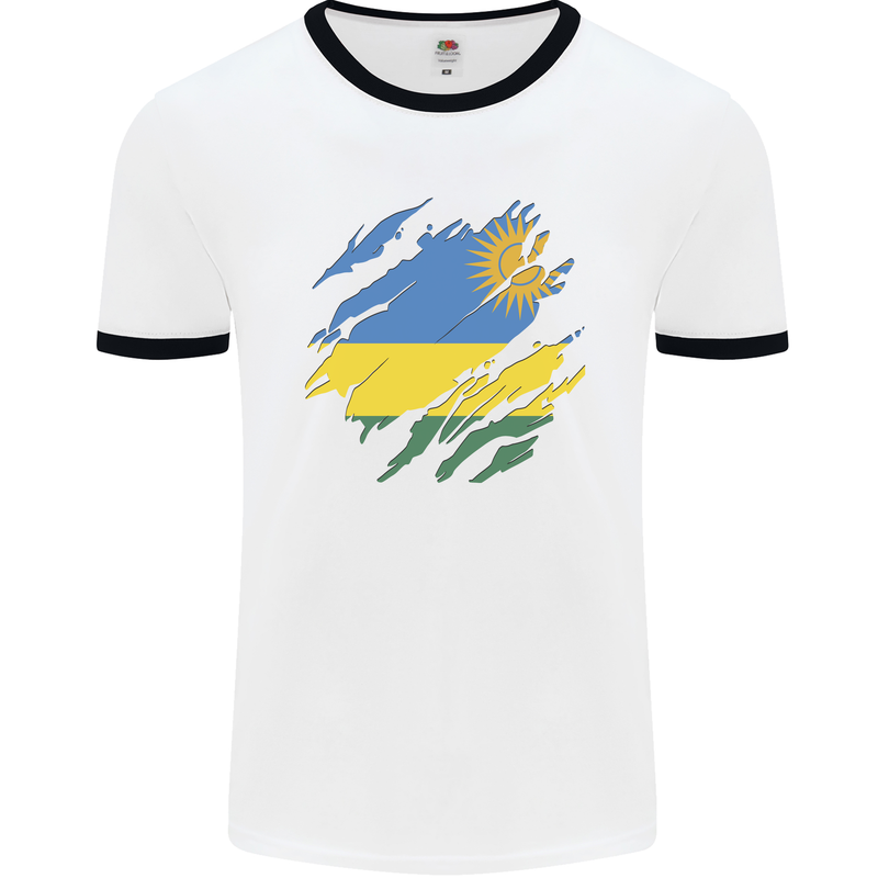 Torn Rwanda Flag Rwandan Day Football Mens Ringer T-Shirt White/Black