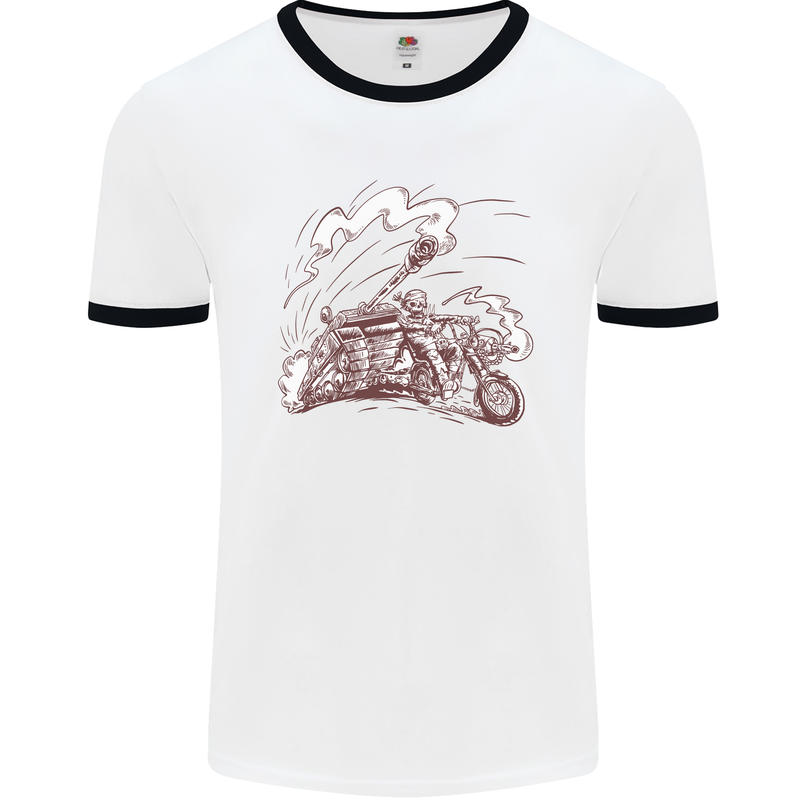 An Army Biker With Tank Skull Motorcycle Mens Ringer T-Shirt White/Black