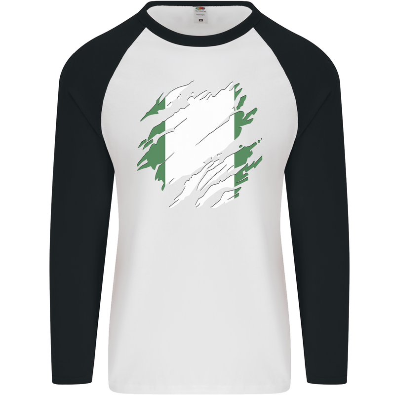 Torn Nigeria Flag Nigerian Day Football Mens L/S Baseball T-Shirt White/Black