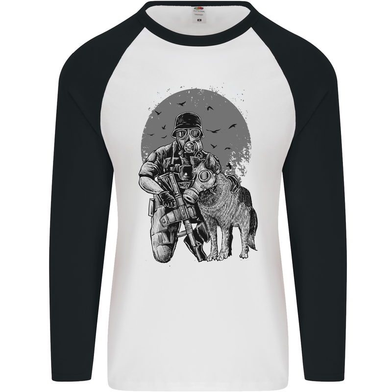 Gas Mask & Dog Apocalypse Armed Militia Mens L/S Baseball T-Shirt White/Black