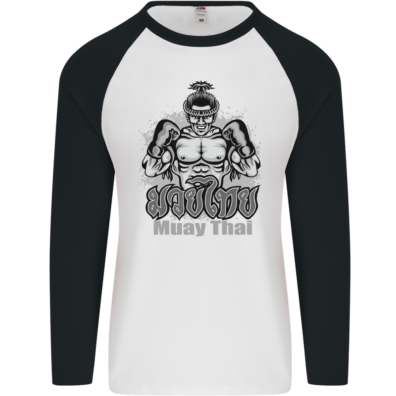 Muay Thai Boxing MMA Martial Arts Kick Mens L/S Baseball T-Shirt White/Black