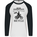 Cycling Never Underestimate Old Man Mens L/S Baseball T-Shirt White/Black