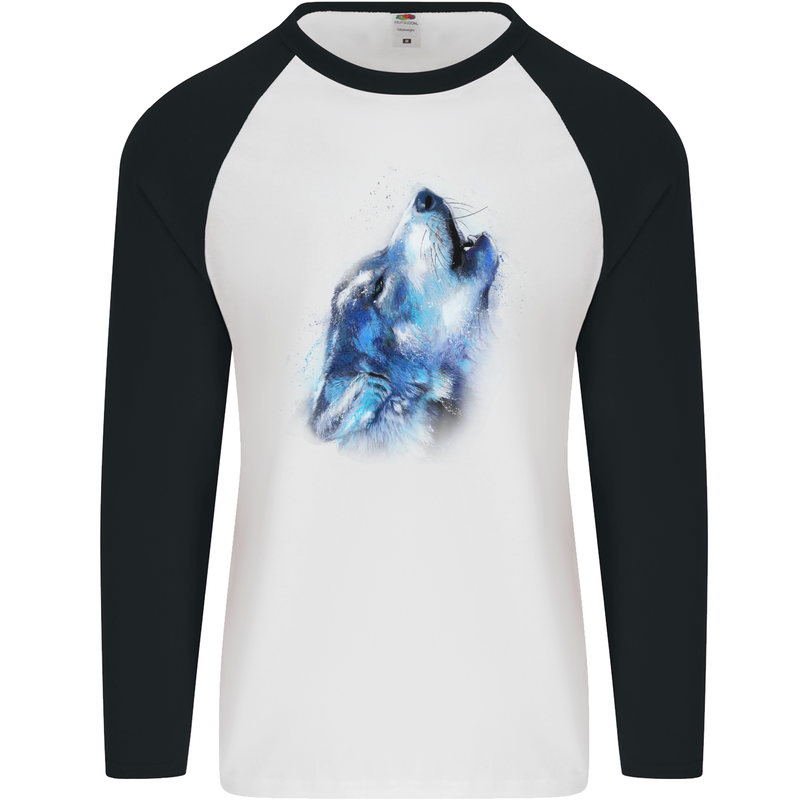 A Watercolour Wolf Mens L/S Baseball T-Shirt White/Black