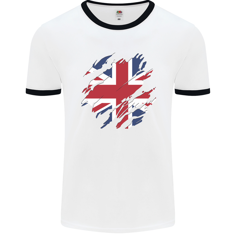 Torn British Flag Union Jack Britain Mens Ringer T-Shirt White/Black