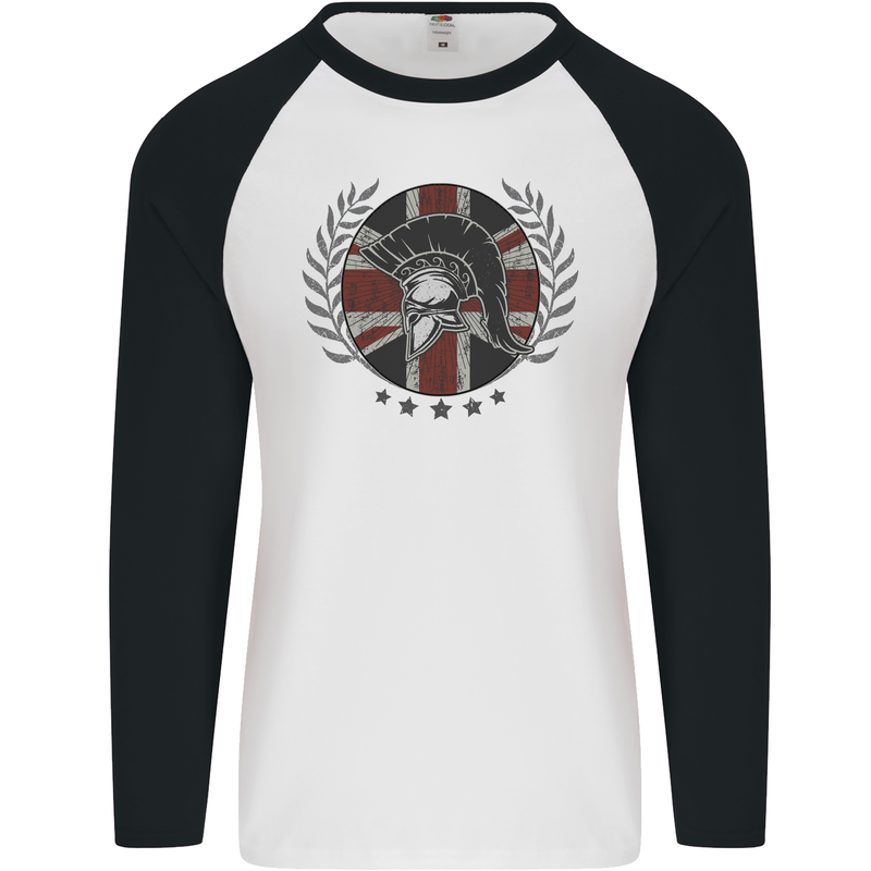 Union Jack Bodybuilding Gym Training Spartan Mens L/S Baseball T-Shirt White/Black