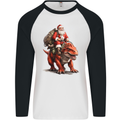 Christmas Santa Riding a Dinosaur Xmas Mens L/S Baseball T-Shirt White/Black