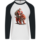 Christmas Santa Riding a Dinosaur Xmas Mens L/S Baseball T-Shirt White/Black