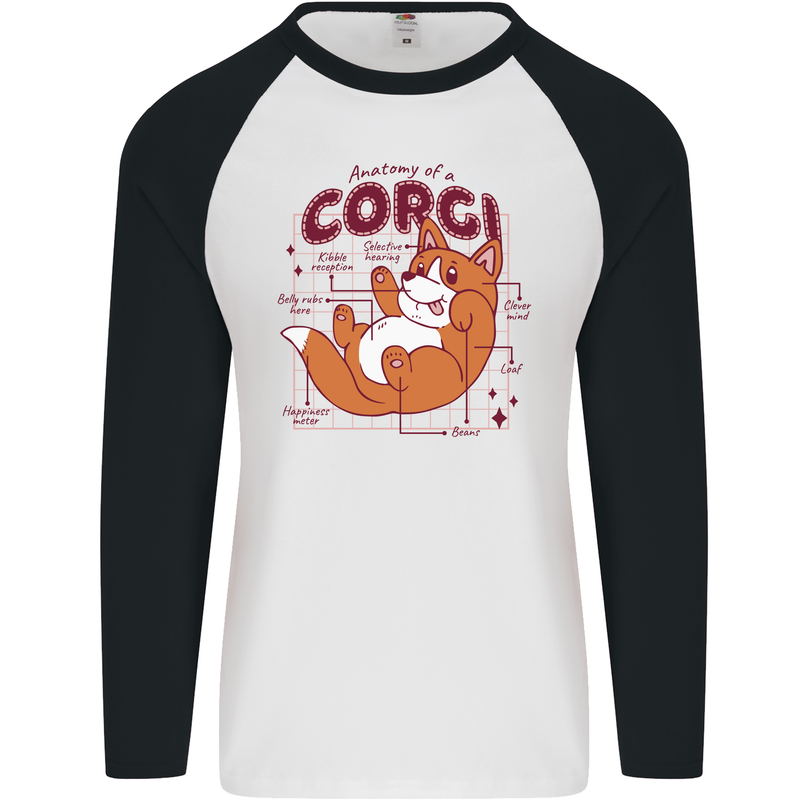The Anatomy of a Corgi Dog Mens L/S Baseball T-Shirt White/Black