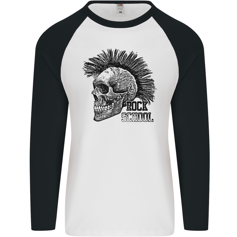 Rock n Roll Music School Skull Guitar Mens L/S Baseball T-Shirt White/Black