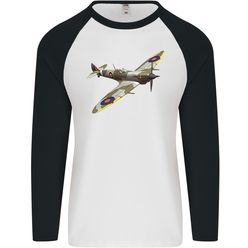 A Supermarine Spitfire Fying Solo Mens L/S Baseball T-Shirt White/Black